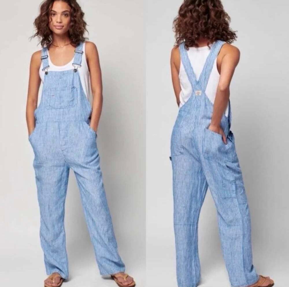 Faherty Blue and White Striped Linen Overalls Size S